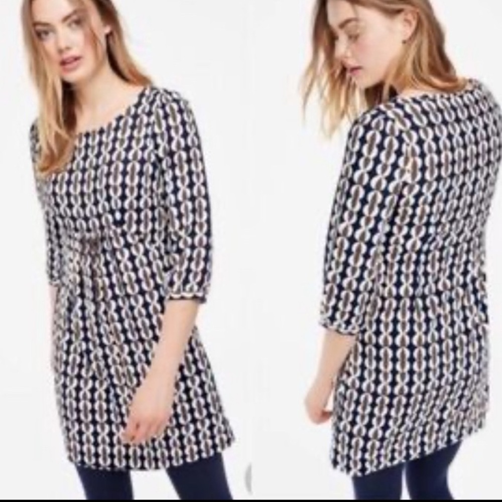 Boden scoop neck, 3/4 sleeves circular designed Navy,tan&brown dress siz…